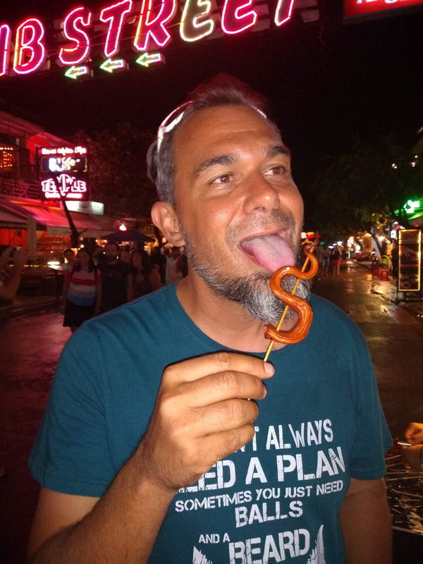 Old Soles Travel Turtle eats street food snake on Pub Street in Siem Reap Cambodia