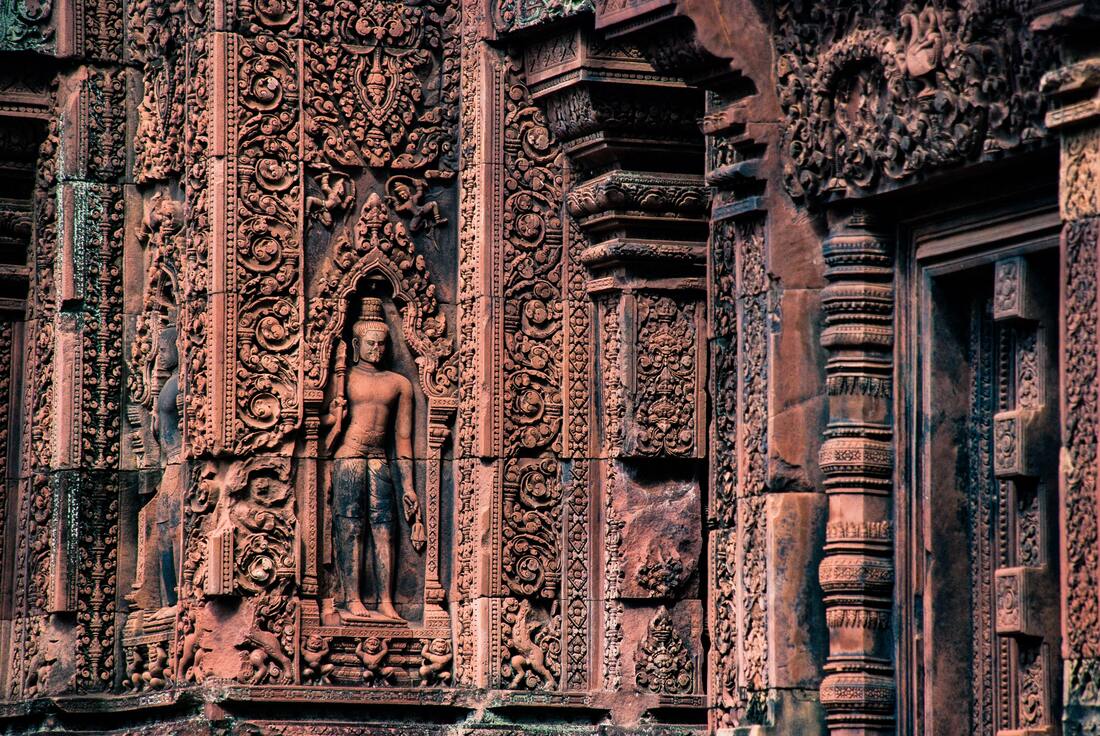 ornate sandstone carvings Angkor Wat temple Siem Reap Cambodia